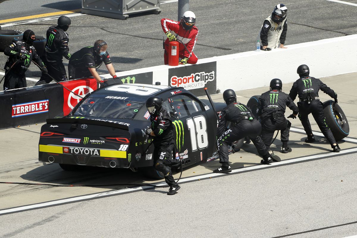 Riley Herbst, driver of the #18 Monster Energy Toyota, pits during the NASCAR Xfinity Series Sport Clips Haircuts VFW 200 at Darlington Raceway on September 05, 2020 in Darlington, South Carolina. 