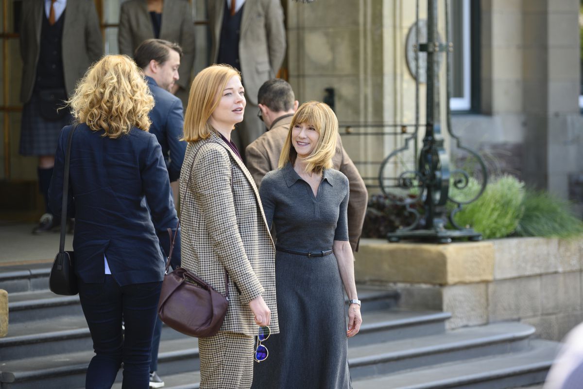 Shiv (Sarah Snook) and Rhea (Holly Hunter) meet outside the Scotland hotel in Succession season 2, episode 8, “Dundee.”