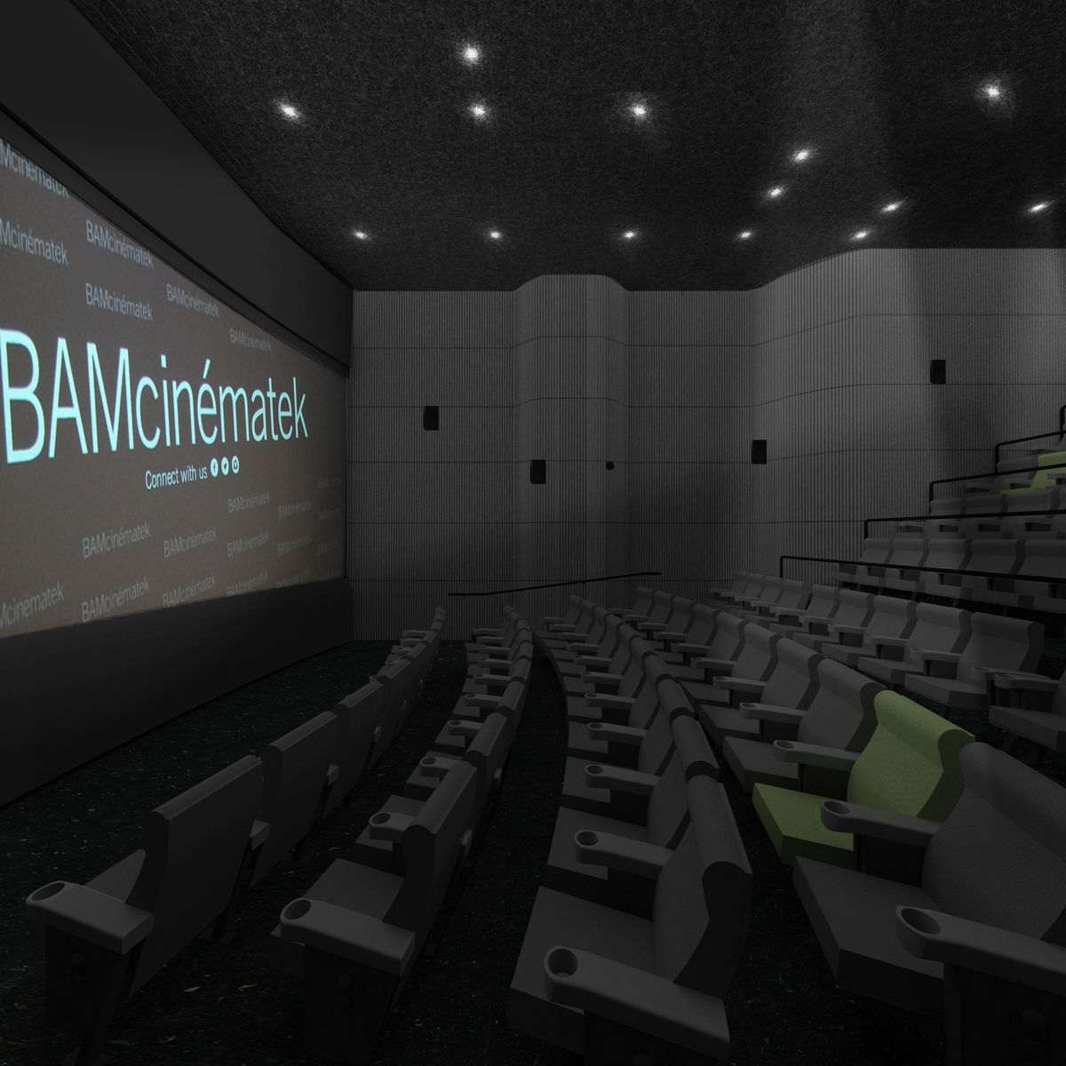 A movie theatre with a screen that reads “BAMcinematek.” 