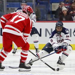 The Boston University Terriers take on the UConn Huskies in a men’s college hockey game at the XL Center in Hartford, CT on February 15, 2019.