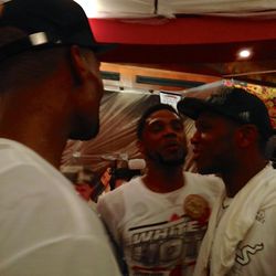 Chris Bosh, James Jones and Udonis Haslem share a laugh