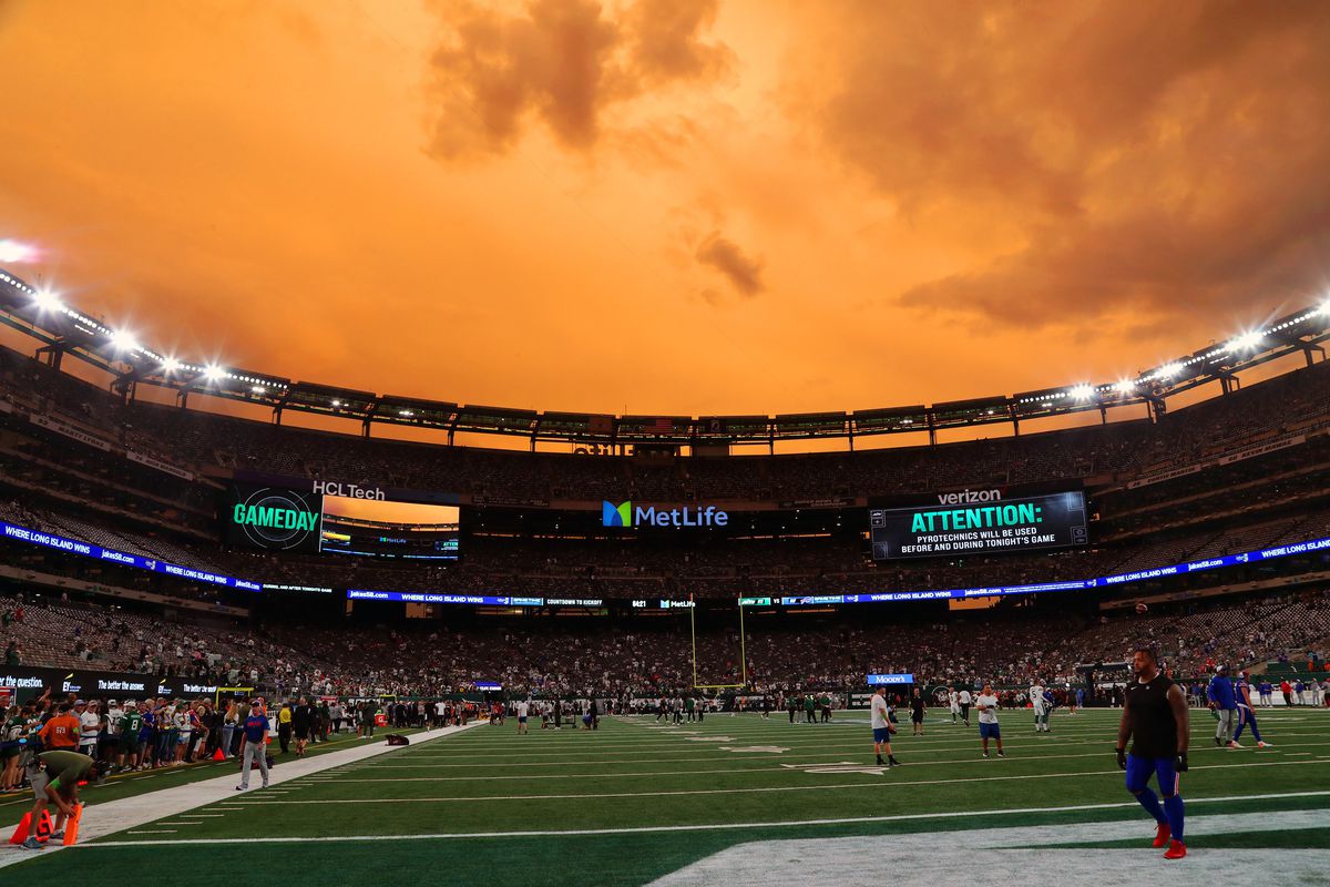 General view of MetLife Stadium under an orange sky during the game between the Buffalo Bills vs the New York Jets on Monday Night Football at MetLife Stadium on September 11, 2023 in East Rutherford, New Jersey.