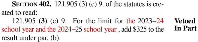 Words in this text of “the 2023–24 school year and the 2024–25 school year” are highlighted in red to show they are being vetoed, leaving just “2023–2435”