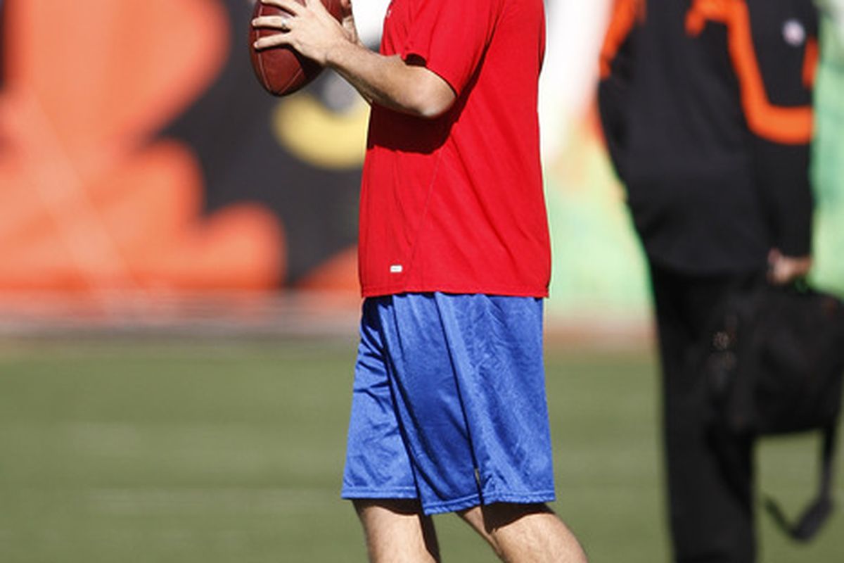 CINCINNATI, OH - OCTOBER 2:  Ryan Fitzpatrick #14 of the Buffalo Bills warms up prior to the game against the Cincinnati Bengals on October 2, 2011 at Paul Brown Stadium in Cincinnati, Ohio.  (Photo by John Grieshop/Getty Images)