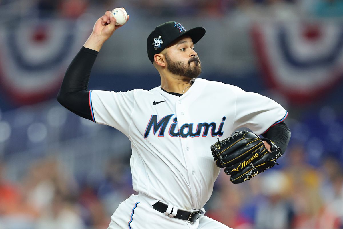Pablo Lopez #49 of the Miami Marlins delivers a pitch during the third inning against the Philadelphia Phillies at loanDepot park on April 15, 2022 in Miami, Florida.