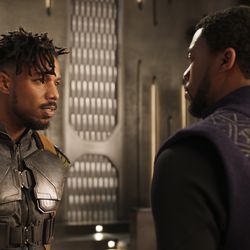Erik Killmonger (Michael B. Jordan) and T'Challa/Black Panther (Chadwick Boseman) in “Black Panther."
