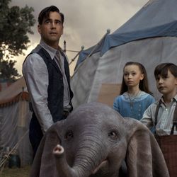 This image released by Disney shows Colin Farrell, Nico Parker and Finley Hobbins in a scene from "Dumbo."