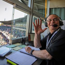 Steve Klauke, the Salt Lake Bees' play-by-play announcer, calls the game at Smith's Ballpark in Salt Lake on Sunday, April 22, 2018.