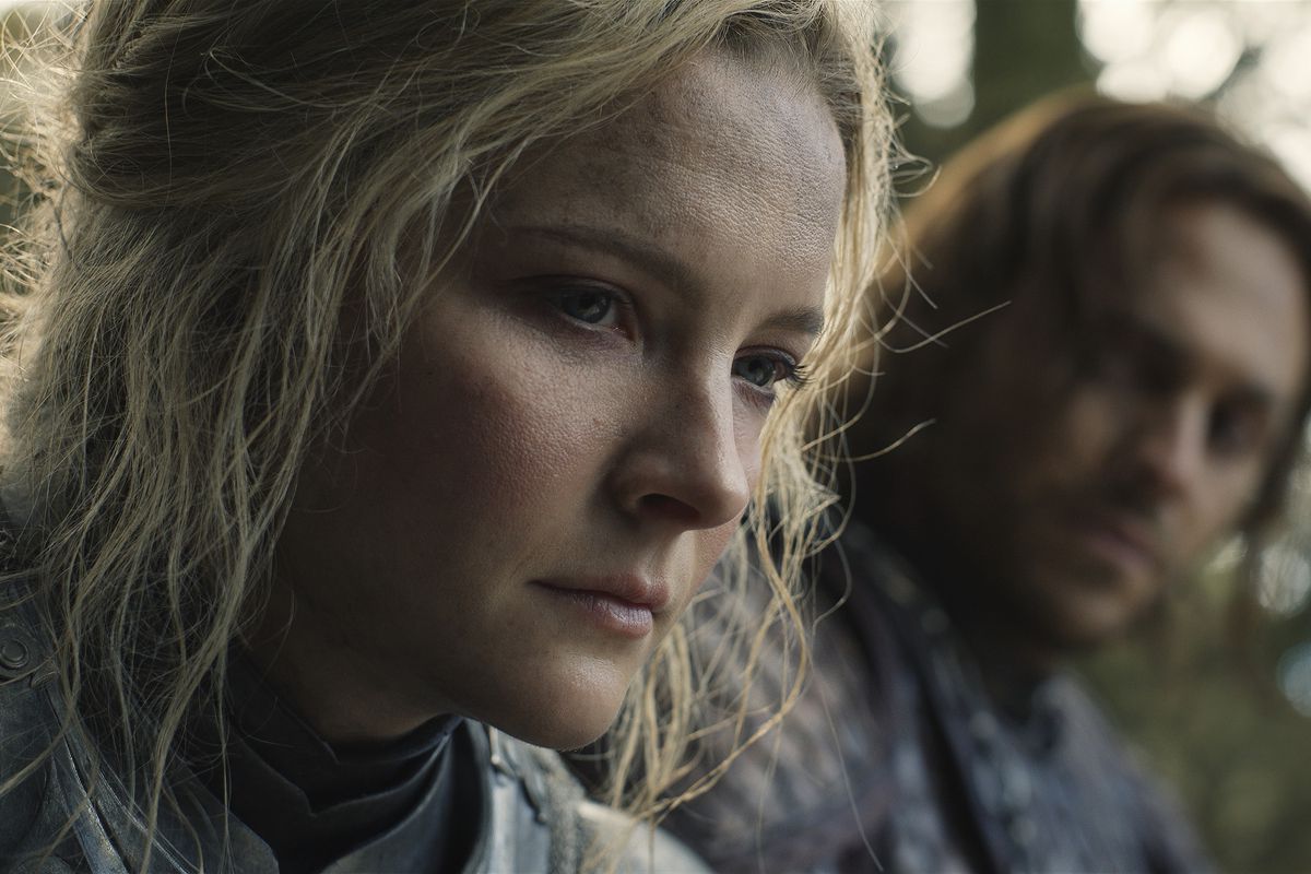 A close-up of Galadriel (Morfydd Clark) and Halbrand (Charlie Vickers) in The Rings of Power