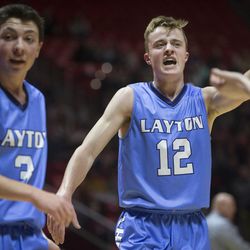 Layton's Truman Brown (12) reacts next to Layton's Conner Hill (3) during the Lone Peak Knights' 82-47 victory against the Layton Lancers in the Class 6A state semifinals at the Jon M. Huntsman Center in Salt Lake City on Friday, March 2, 2018.