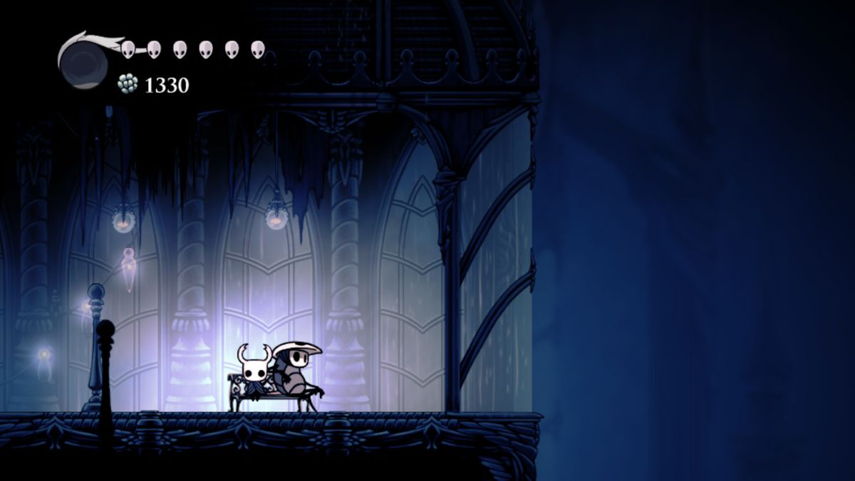 The Knight is sitting next to Quill, overlooking the City of Tears in Hollow Knight