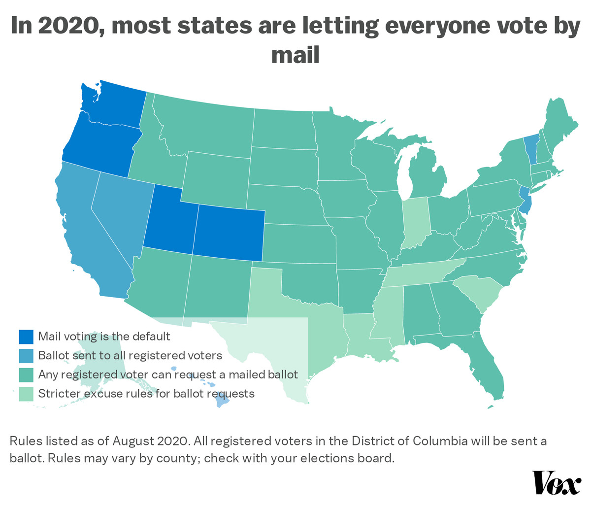 Map: “In 2020, most states are letting everyone vote by mail”