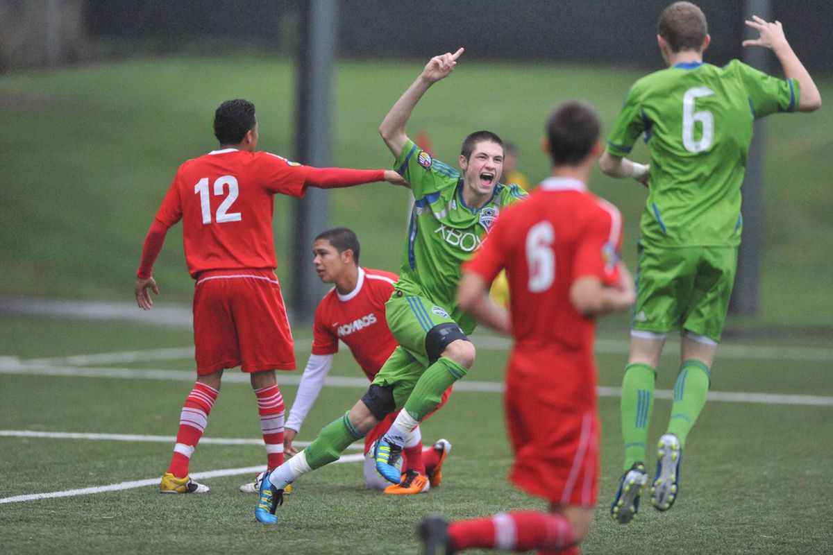 Seattle Sounders U18 Academy Player, Ian Lange (18) celebrates his goal during the match between Nomads FC vs. Seattle Sounders FC U18s at Starfire Sports

Photo Credit: (Chris Coulter/Seattle Sounders FC)