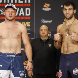 Alexander Shlemenko and Anatoly Tolkov pose at Bellator 208 weigh-ins.