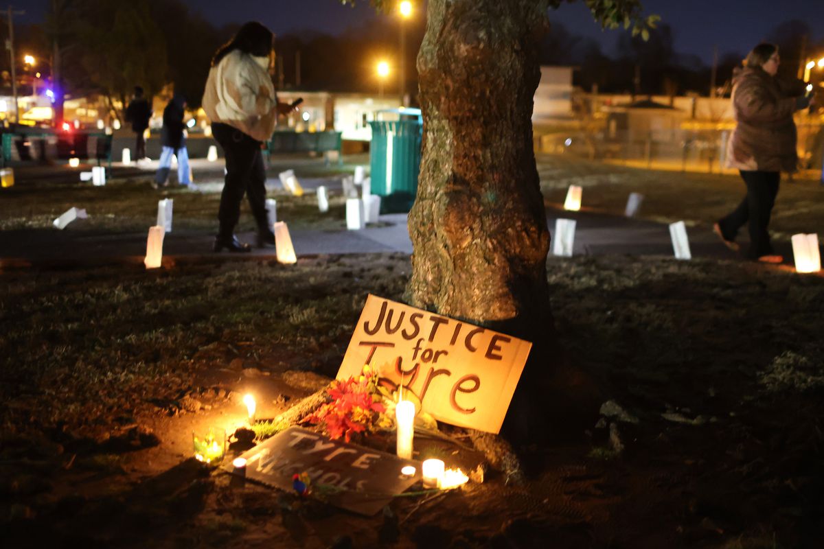People attend a candlelight vigil in memory of Tire Nichols at Tobey Skate Park on January 26, 2023 in Memphis, Tennessee.