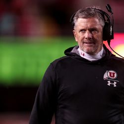 Utah Utes head coach Kyle Whittingham walks the sideline during the game against the Washington State Cougars at Rice-Eccles Stadium in Salt Lake City on Saturday, Sept. 28, 2019.