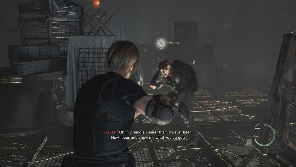 Resident Evil 4&nbsp;remake&nbsp;Leon and Krauser still fighting.