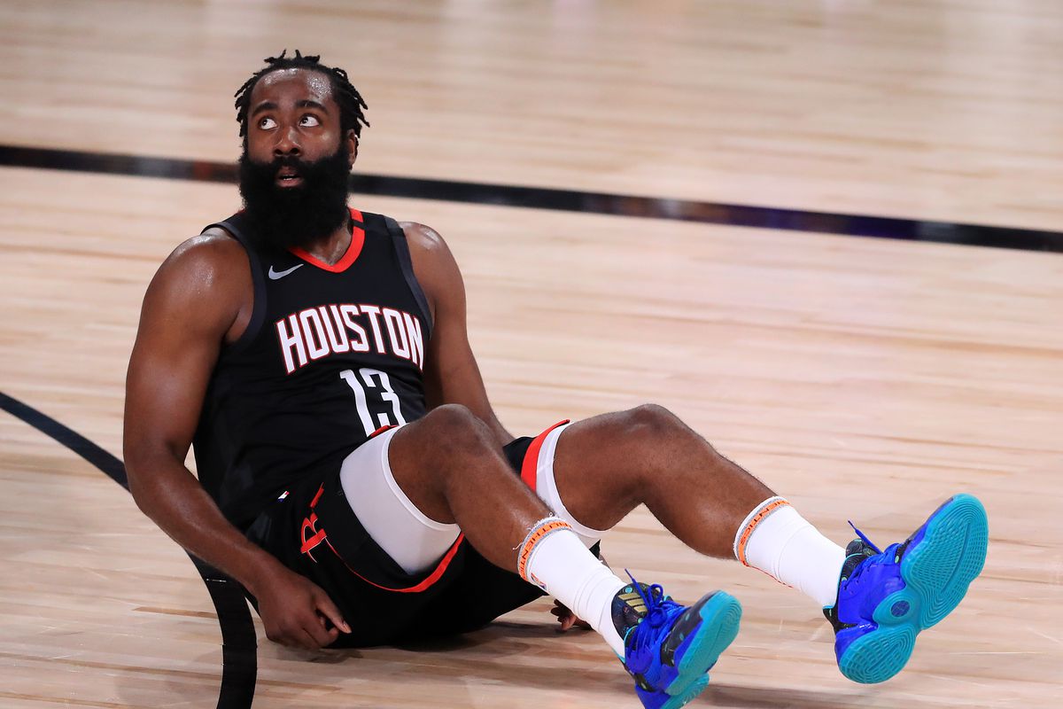 James Harden of the Houston Rockets reacts during the third quarter against the Los Angeles Lakers in Game Five of the Western Conference Second Round during the 2020 NBA Playoffs at AdventHealth Arena at the ESPN Wide World Of Sports Complex on September 12, 2020 in Lake Buena Vista, Florida.
