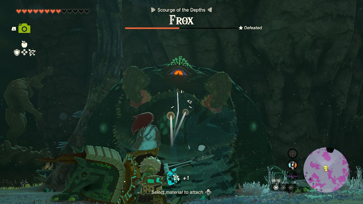 Link shoots a Frox in the eye with an arrow in Zelda Tears of the Kingdom.