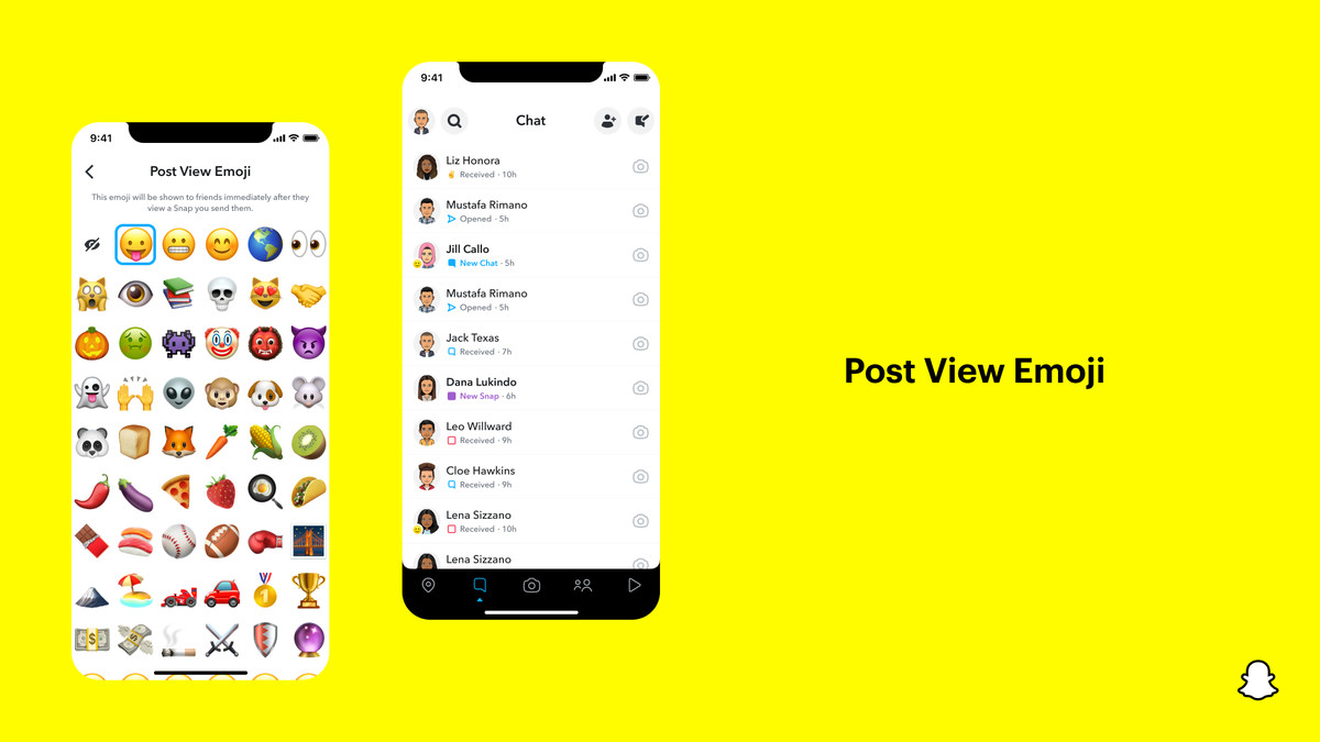 A screen capture of the Snapchat app showing two screens: one with a grid of emoji to select from, and another showing a Snap from a friend with an emoji indicator.