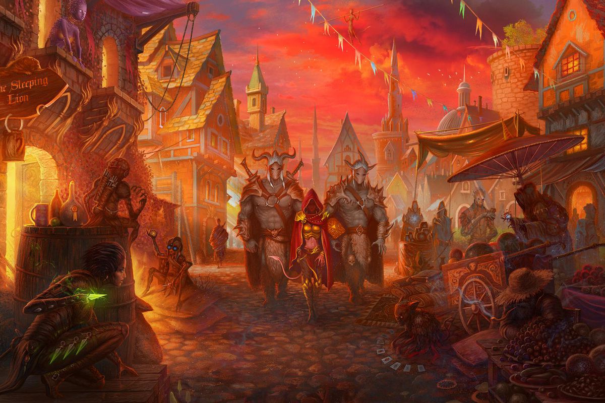 Heroes walk down a crowded street in the cover art for Gloomhaven.