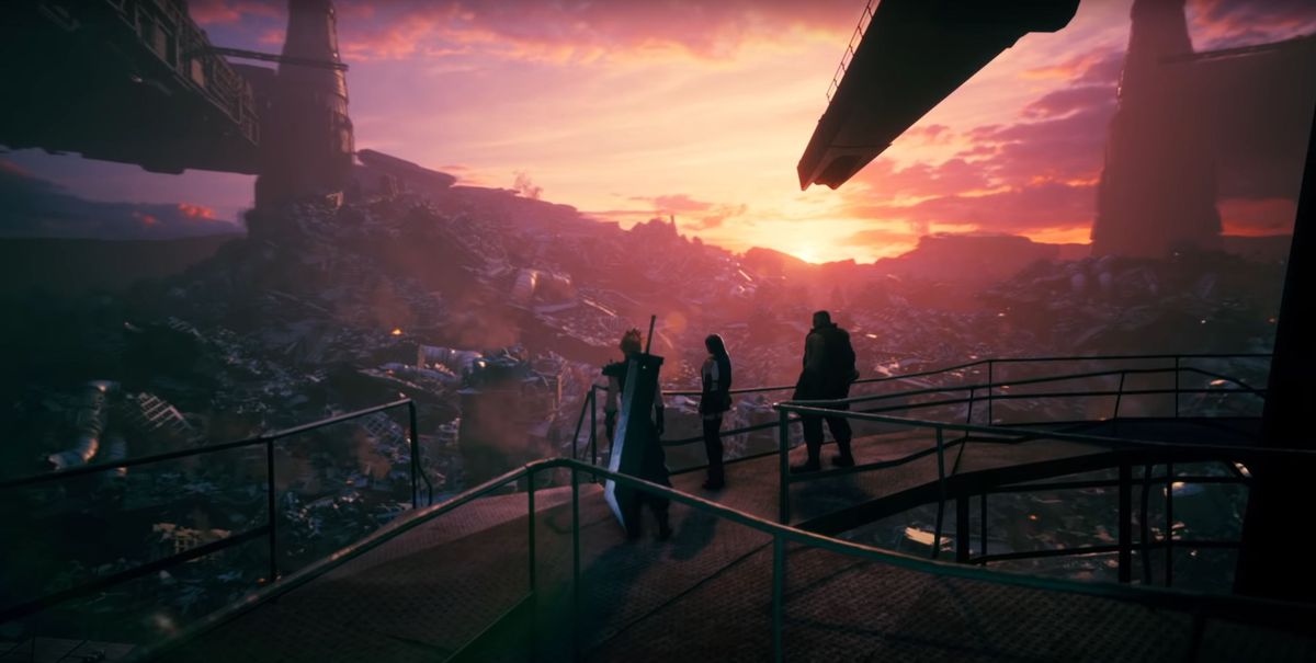 Cloud, Tifa, and Barret stand together on a balcony, looking out at a sunset in Final Fantasy 7 Remake