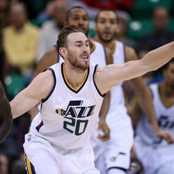 Houston Rockets guard Patrick Beverley (2) and Utah Jazz forward Gordon Hayward (20) rush for a loose ball during the game at Vivint Smart Home Arena in Salt Lake City on Tuesday, Nov. 29, 2016.