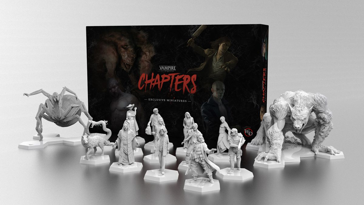 A render of some of the miniatures included with Vampire: The Masquerade - Chapters. There’s a spider and a very large wolf, as well as many humanoids, standing in front of the black box.