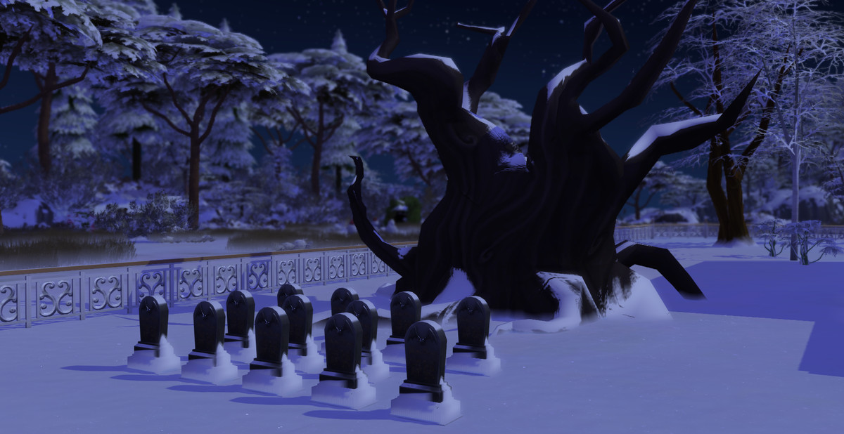 Sims 4 - a small cemetery next to a large oak tree that has been in peril at night