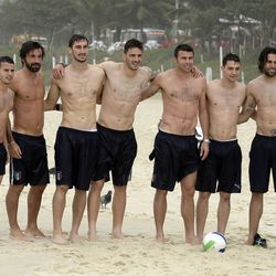 Italian soccer players chill out at a beach in Rio de Janeiro.