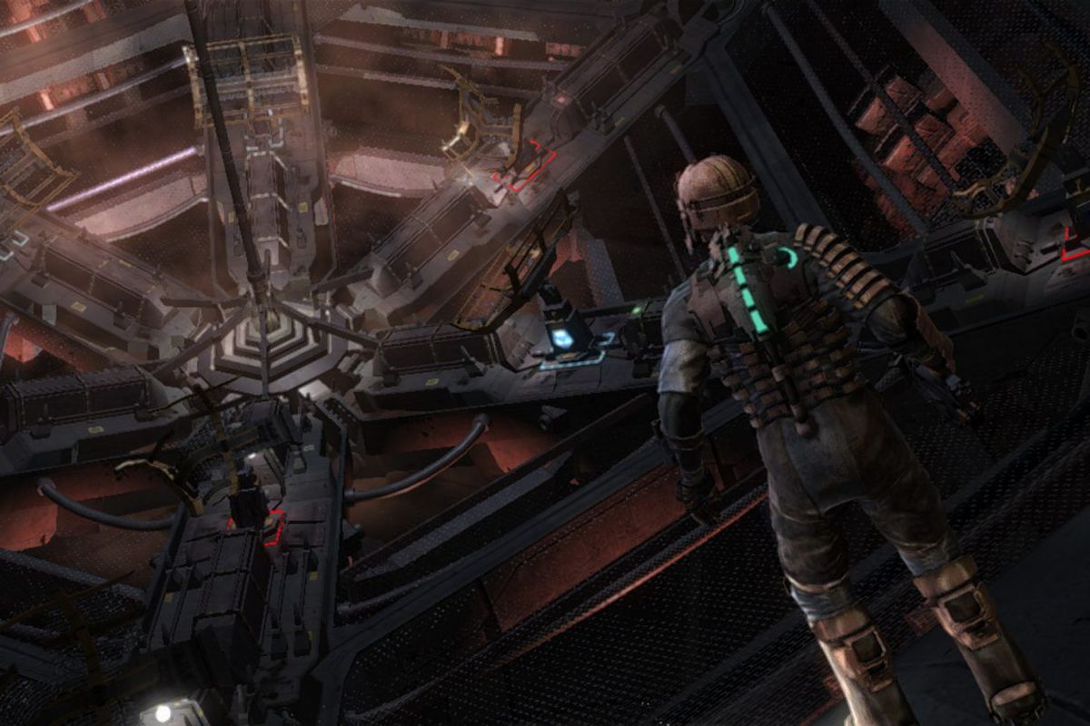 Isaac, in a space suit, looks down upon a space station structure in a screenshot of Dead Space.
