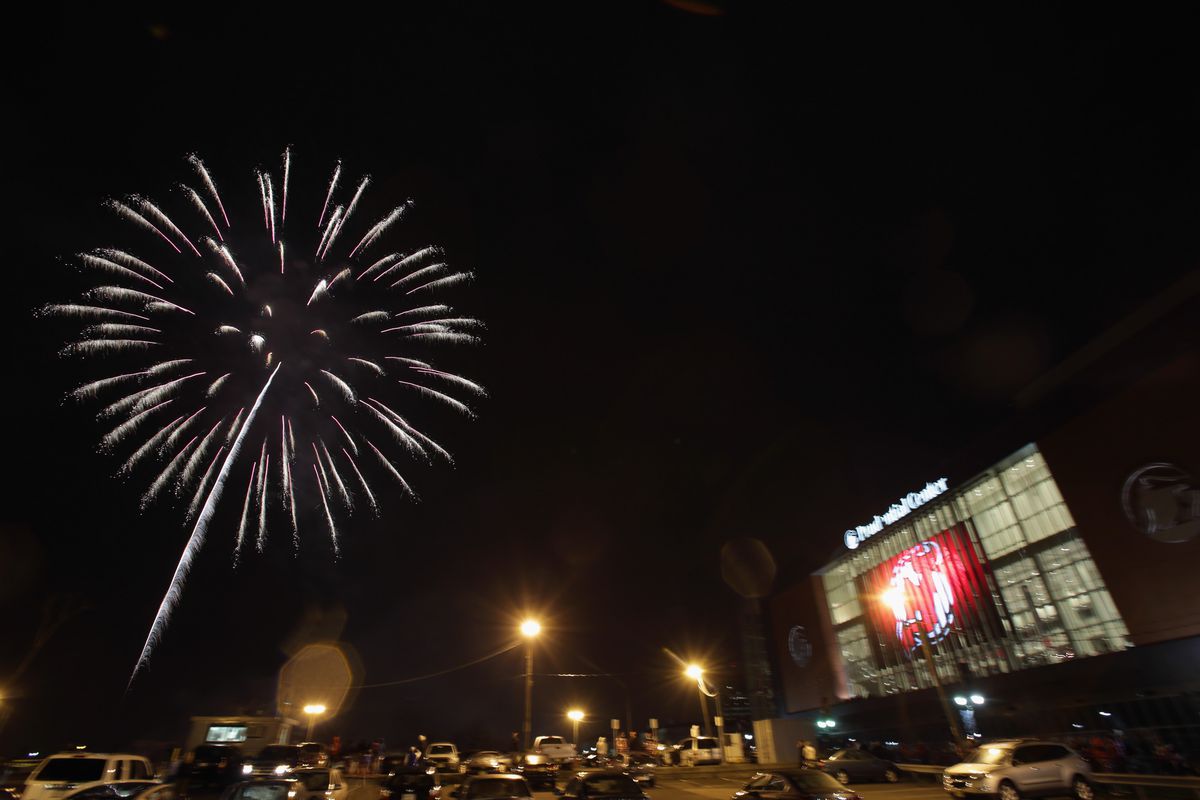 In lieu of actual fireworks, here's a picture of one outside of the Rock from this past April.