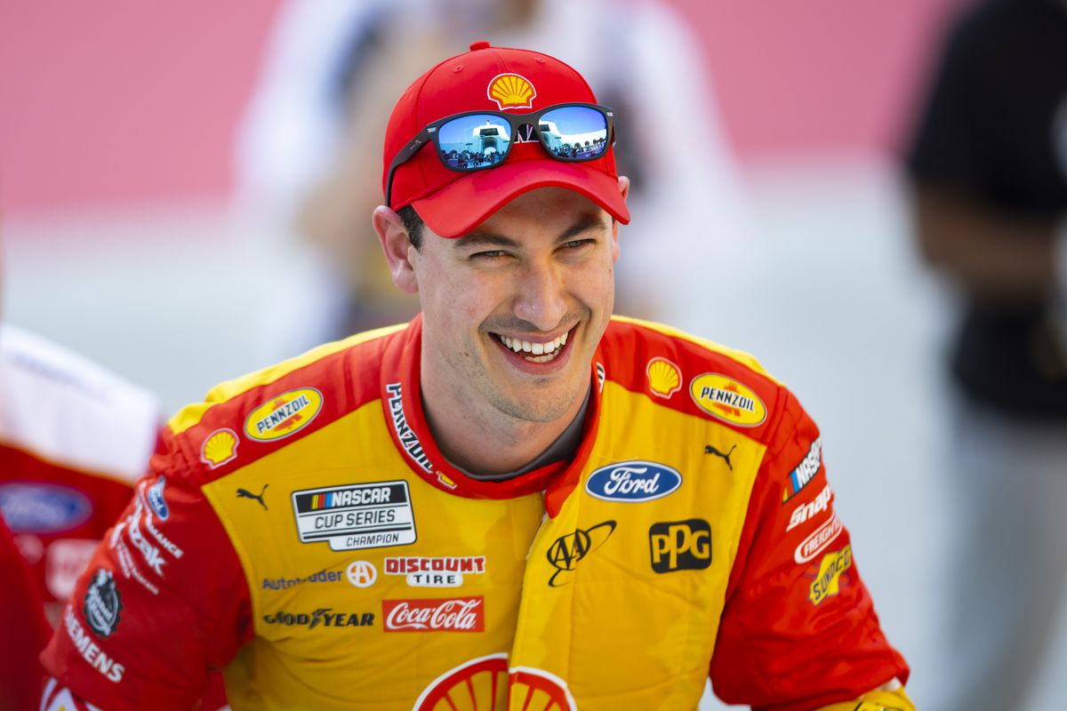 NASCAR Cup Series driver Joey Logano (22) celebrates after winning the Busch Light Clash at The Coliseum at Los Angeles Memorial Coliseum