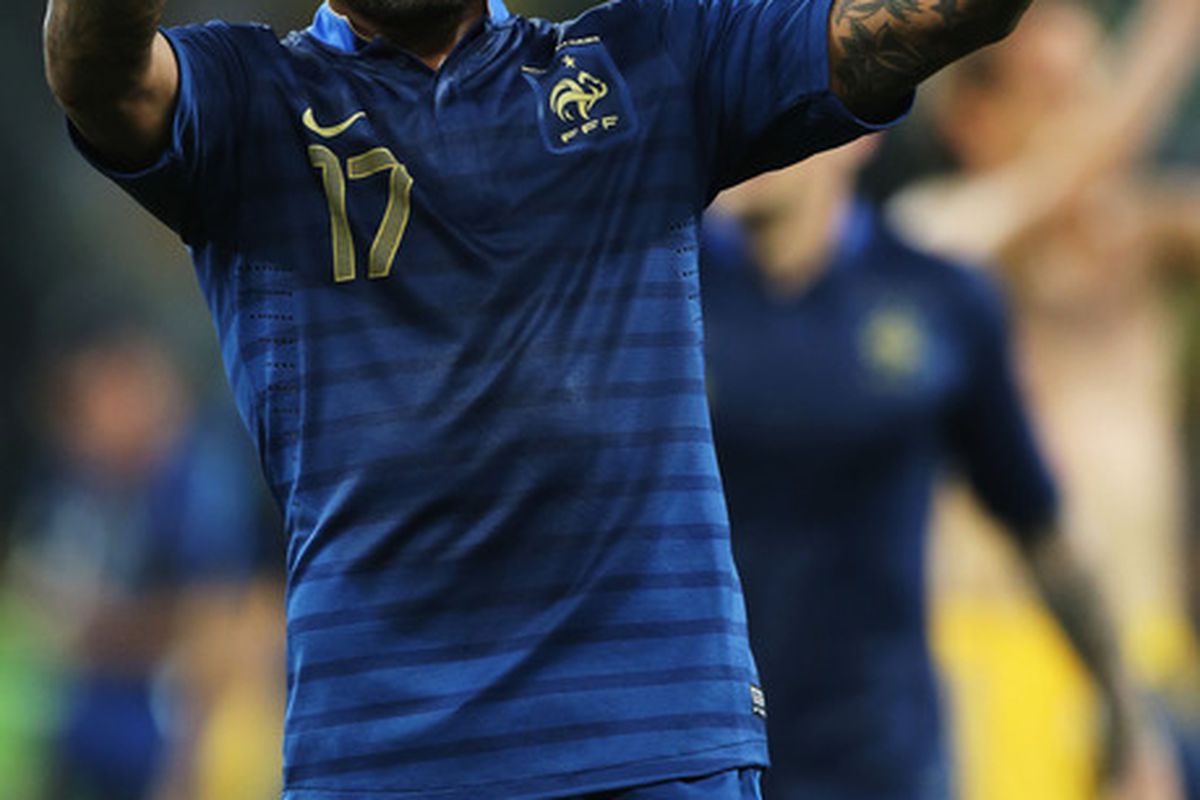 DONETSK, UKRAINE - JUNE 15: Yann M'Vila of France acknowledges the fans after the UEFA EURO 2012 group D match between Ukraine and France at Donbass Arena on June 15, 2012 in Donetsk, Ukraine.  (Photo by Ian Walton/Getty Images)