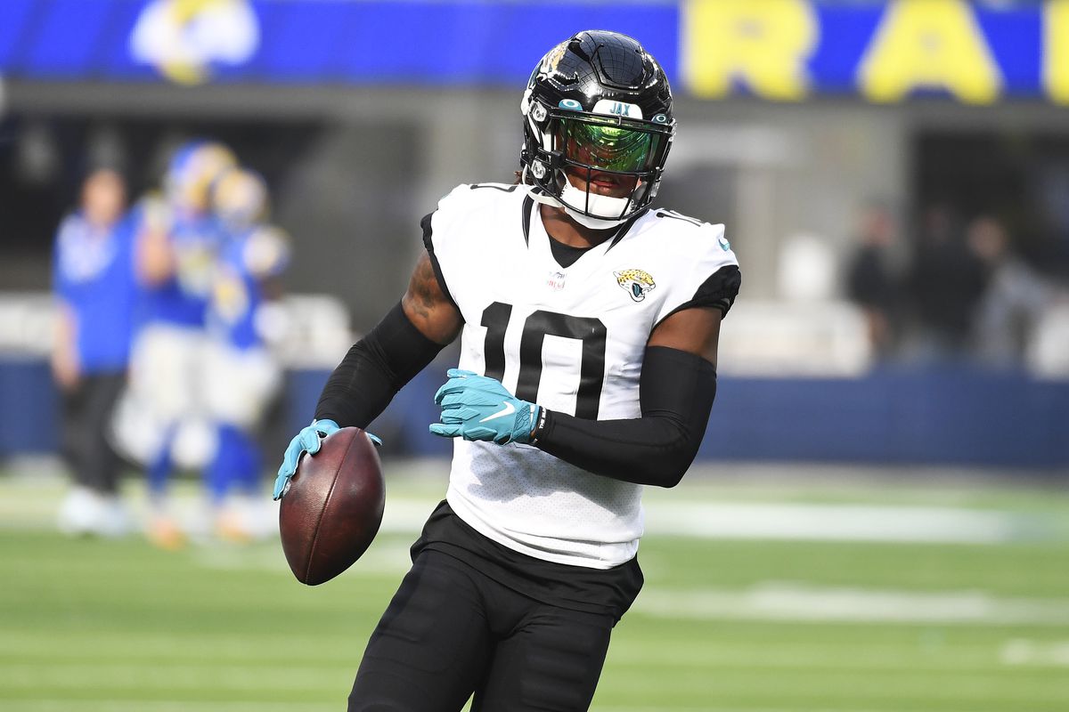 Laviska Shenault Jr. #10 of the Jacksonville Jaguars warms up prior to the game against the Los Angeles Rams at SoFi Stadium on December 05, 2021 in Inglewood, California.