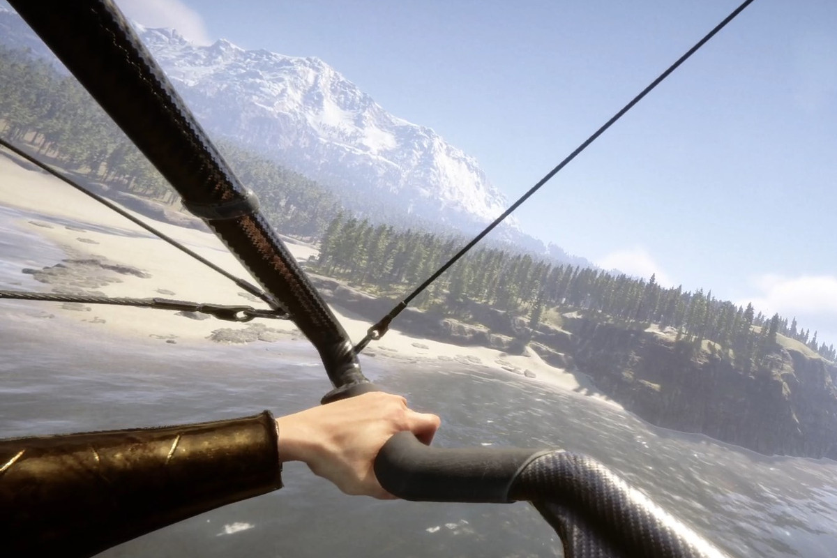 Hang glider over the ocean with a forest and mountain in the background in Sons of the Forest