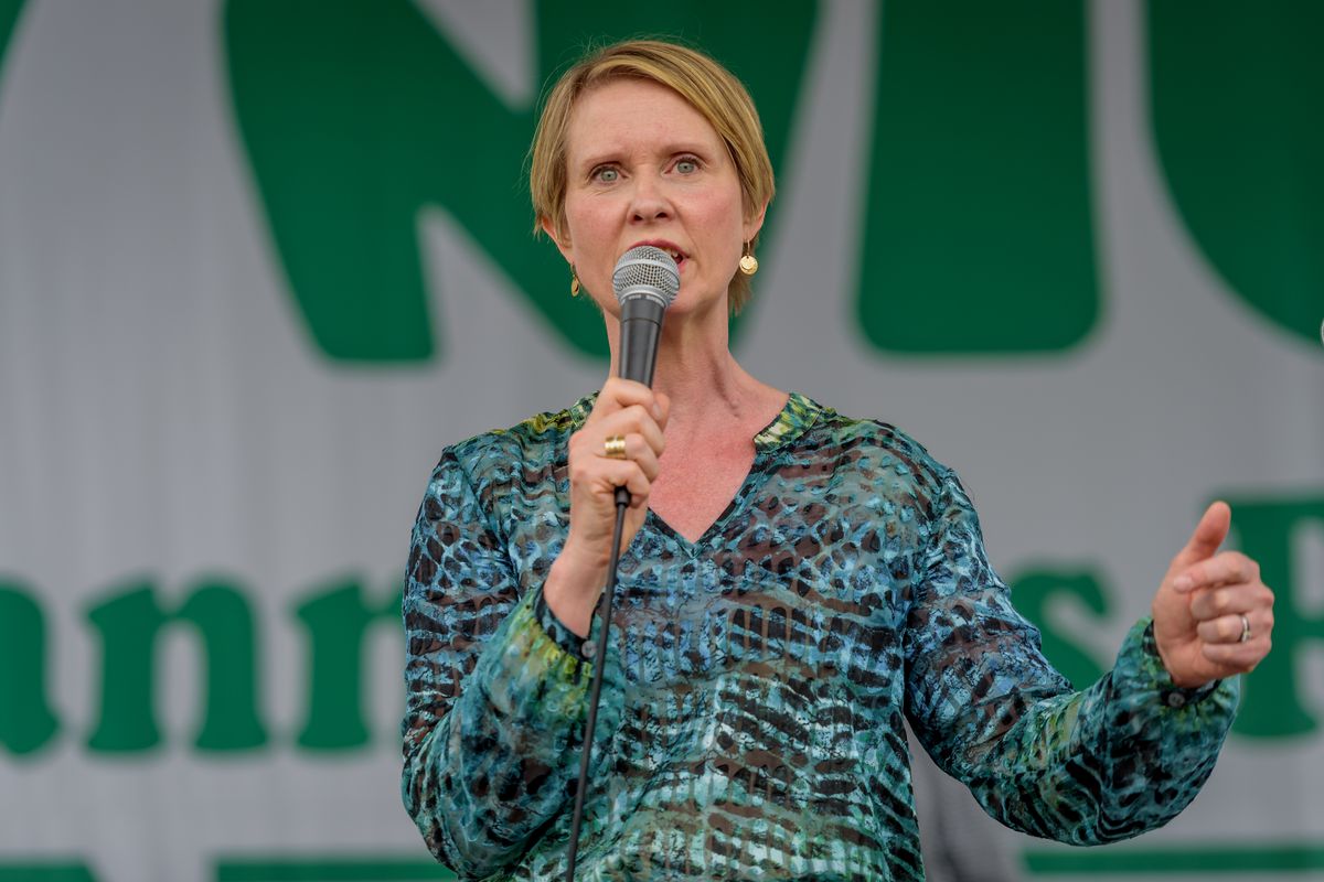 New York gubernatorial candidate Cynthia Nixon speaks at the NYC Cannabis Parade and Rally on May 5, 2018. Nixon has been criticized by black leaders for saying that marijuana licenses could be a “form of reparations”.