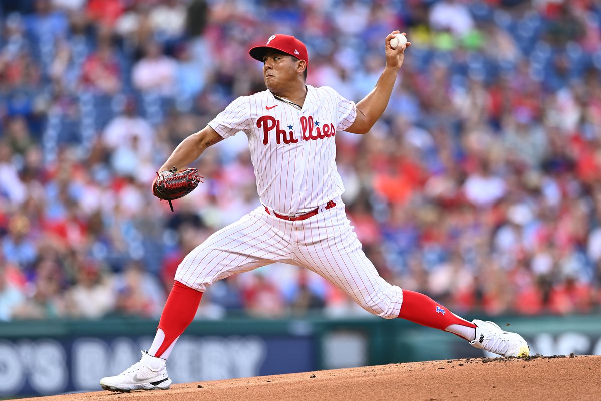Philadelphia Phillies pitcher Ranger Suarez (55) throws a pitch against the Washington Nationals in the first inning at Citizens Bank Park.&nbsp;
