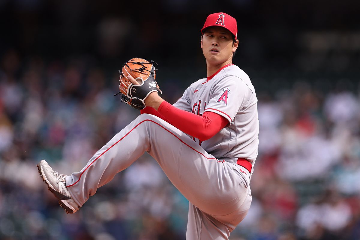 Shohei Ohtani of the Los Angeles Angels pitches during the first inning against the Seattle Mariners at T-Mobile Park on April 05, 2023 in Seattle, Washington.