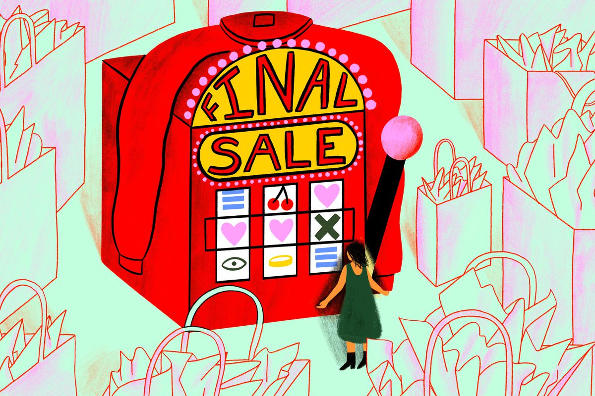 An illustration shows a woman looking at a large red slot machine labeled “Final Sale.”