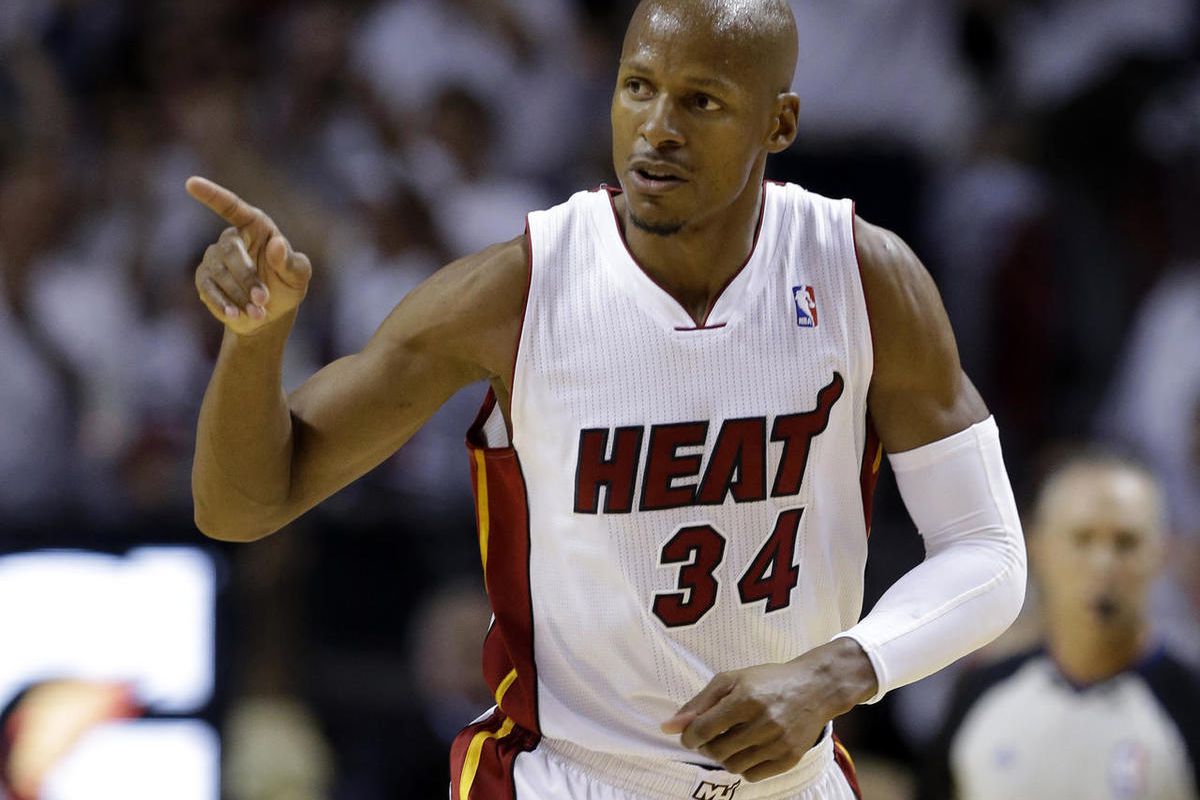 FILE - In a  Friday, May 30, 2014 file photo, Miami Heat guard Ray Allen gestures after scoring a three-point basket during the first half Game 6 in the NBA basketball playoffs Eastern Conference finals against the Indiana Pacers, in Miami. Allen announce