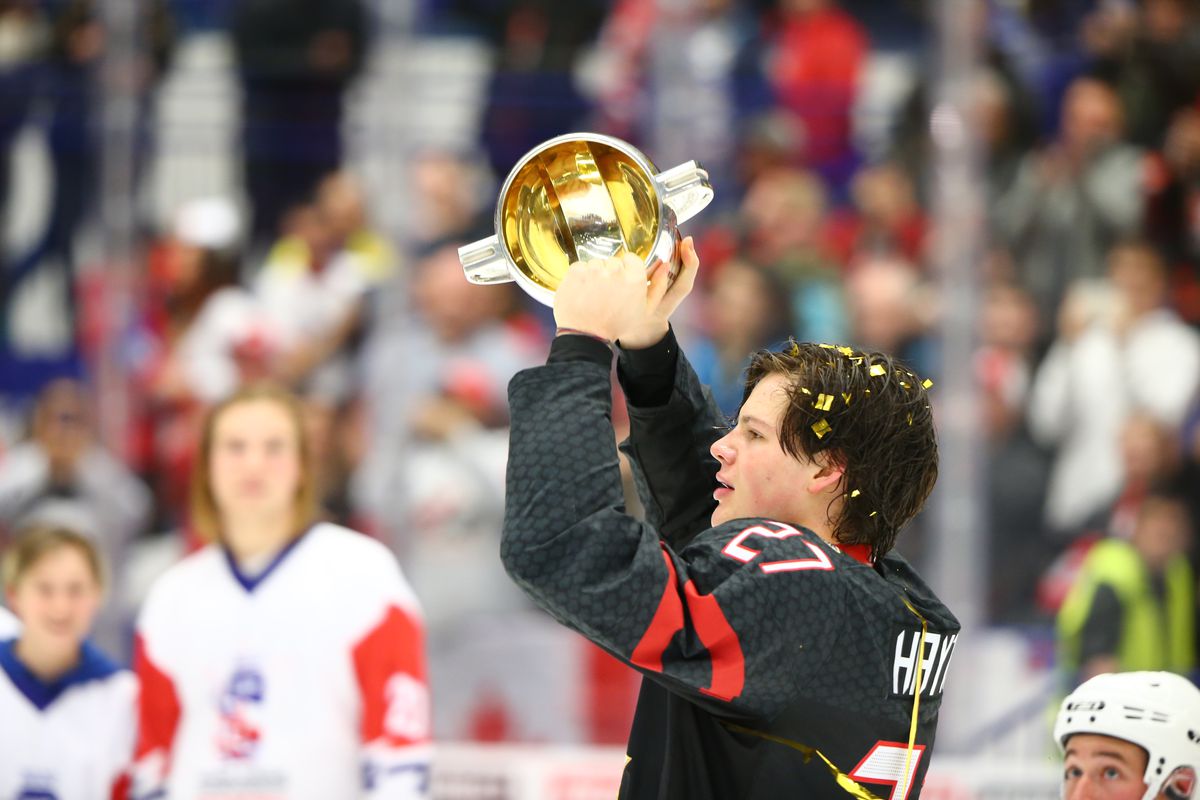 Canada’s captain Barrett Hayton celebrates with the trophy during the medal ceremony for the 2020 World Junior Ice Hockey Championship final match between Canada and Russia at Ostravar Arena; Canada won 4-3.