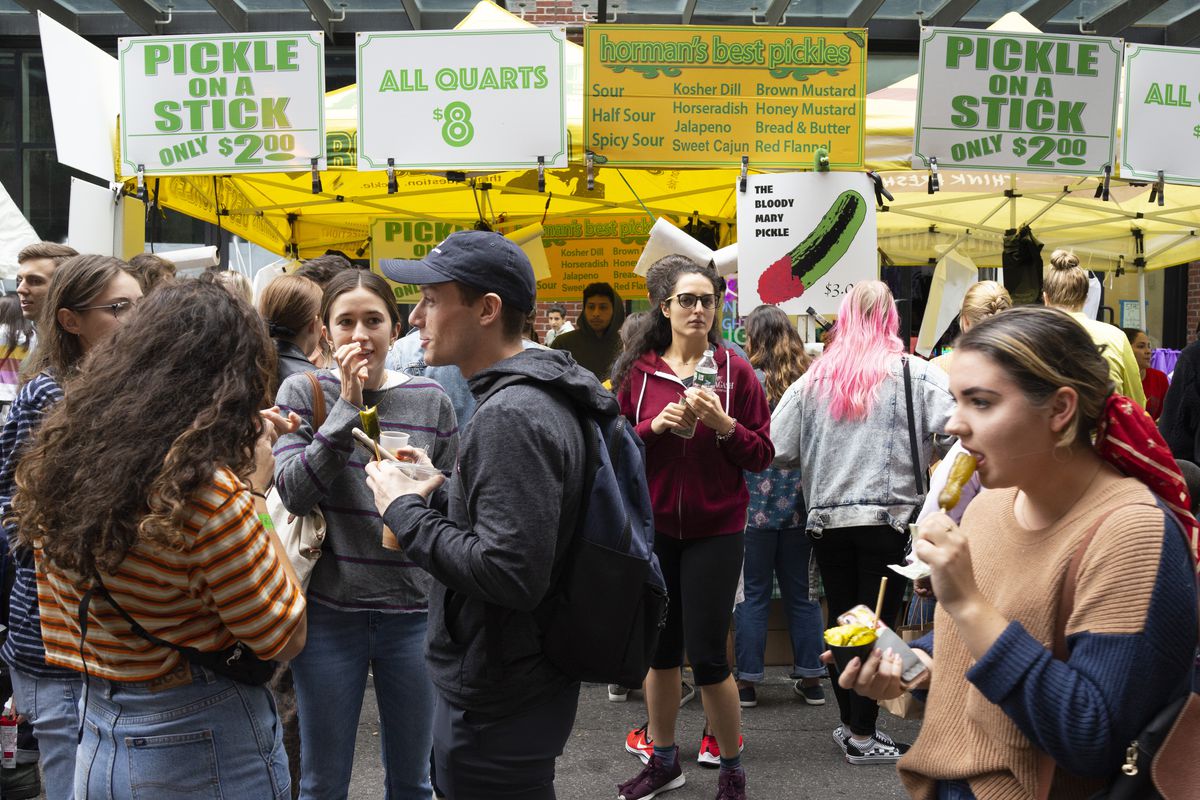Attendees sample pickles from 46 at the Lower East Side Pickle Day in New York City on Sunday, Oct. 6 2019.