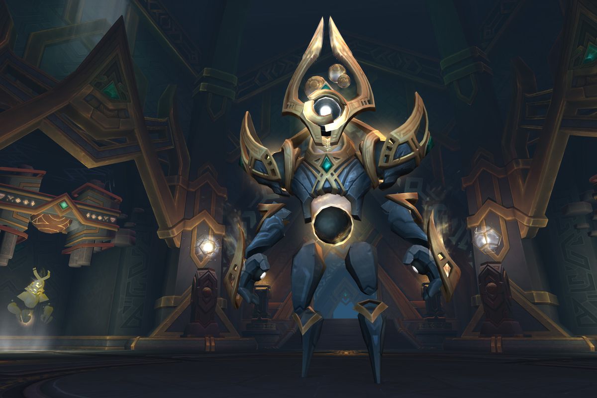World of Warcraft: Shadowlands - an ancient being made up of rough shapes, with a globe head surrounded by floating constructs, guards a mysterious sepulcher