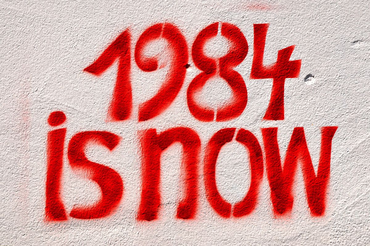 Graffiti “1984 is now”, titel of the novel 1984 by George Orwell, which is discribing a state of control