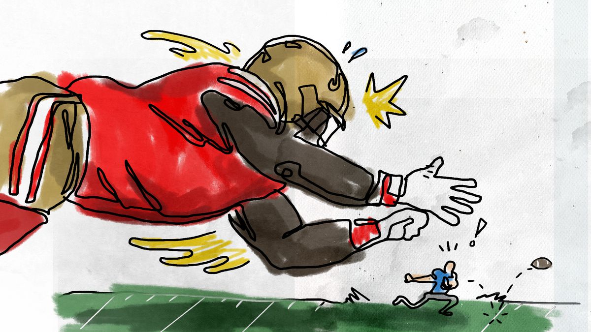 A cartoon illustration of a large football player diving toward a much smaller player while the football pops loose