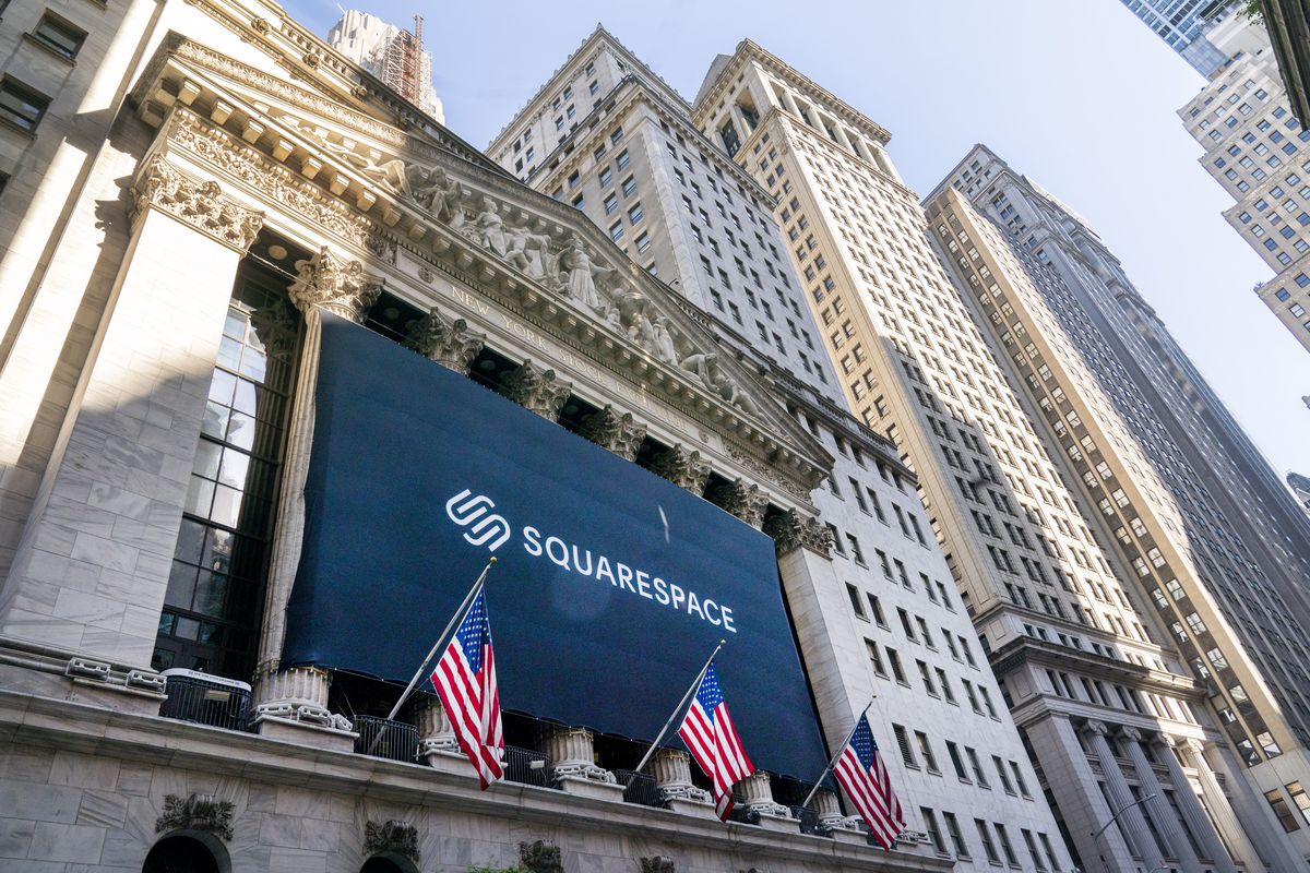 A banner for Squarespace hangs at the New York Stock Exchange, Wednesday, May 19, 2021. The New York-based website-creation platform begins trading with a direct listing at the exchange Wednesday. 