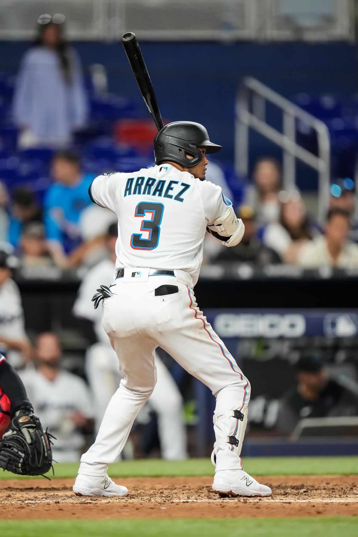 Luis Arraez #3 of the Miami Marlins bats against the Minnesota Twins on April 3, 2023 at loanDepot park in Miami, Florida.