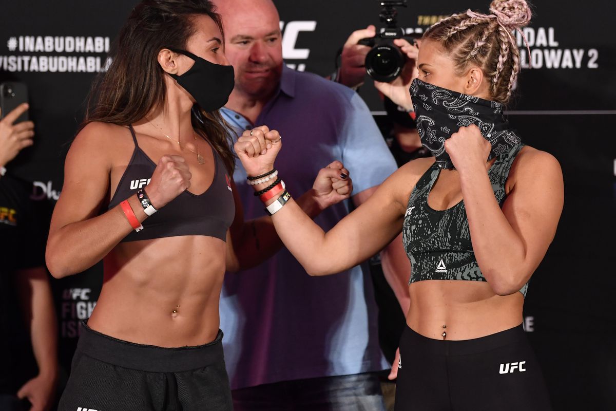 Opponents Amanda Ribas of Brazil and Paige VanZant face off during the UFC 251 official weigh-in inside Flash Forum at UFC Fight Island on July 10, 2020 on Yas Island Abu Dhabi, United Arab Emirates.