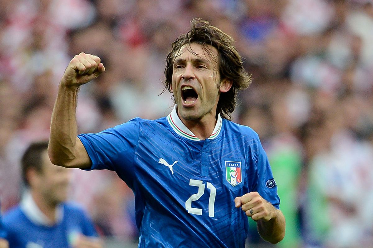 POZNAN, POLAND - JUNE 14:  Andrea Pirlo of Italy celebrates scoring the opening goal during the UEFA EURO 2012 group C match between Italy and Croatia at The Municipal Stadium on June 14, 2012 in Poznan, Poland.  (Photo by Claudio Villa/Getty Images)